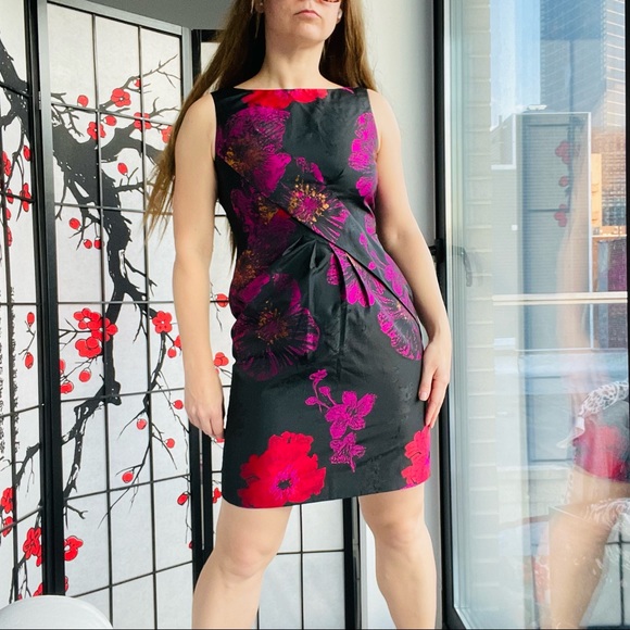 Tahari Satin Silk Chintz Floral Bodycon Wrap Knot Sleeveless Shaper Pencil Dress - Picture 5 of 16